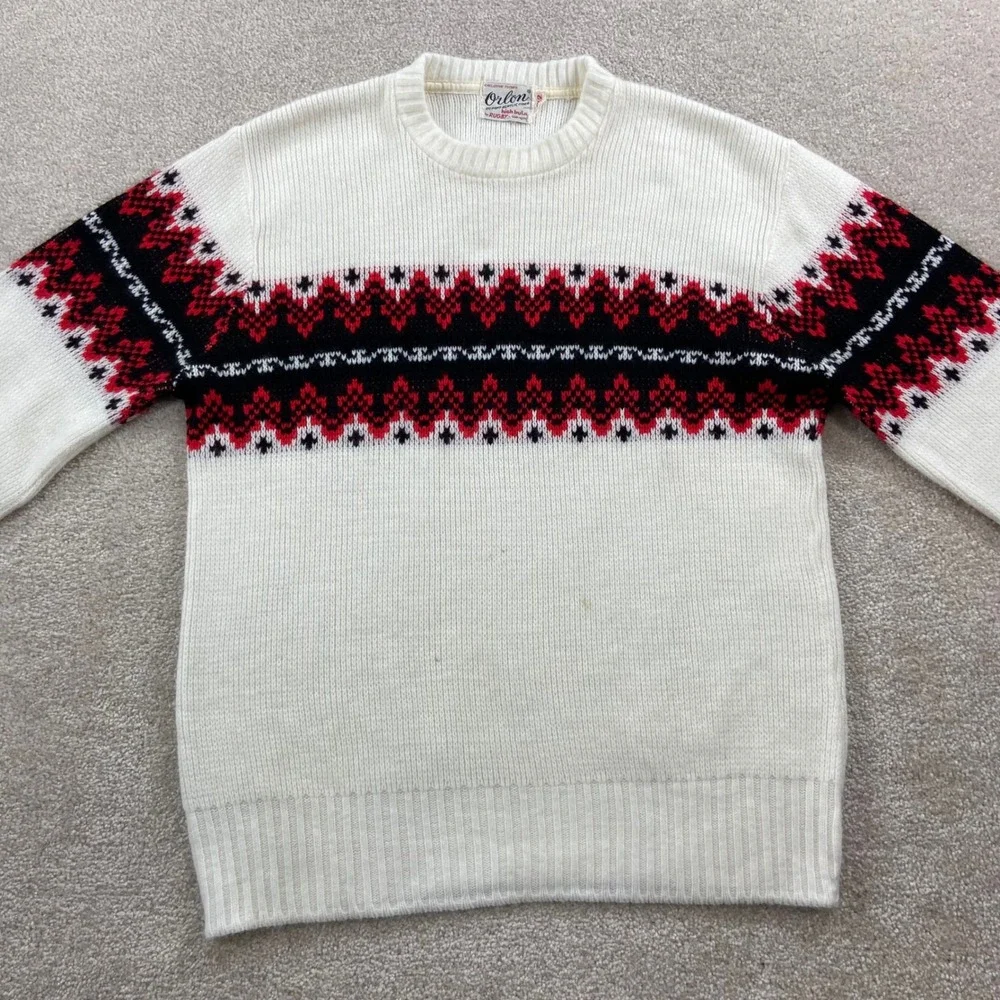 Vintage 60's Rugby Orlon Sweater Mens 42 White Red Black Fair Isle Crew Neck